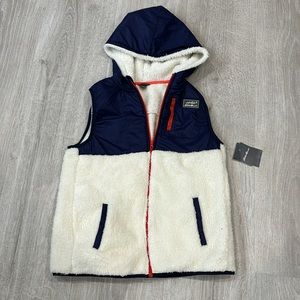 Eddie Bauer Girls Faux Shearling Vest NavyBlue/White with Red Trim size …